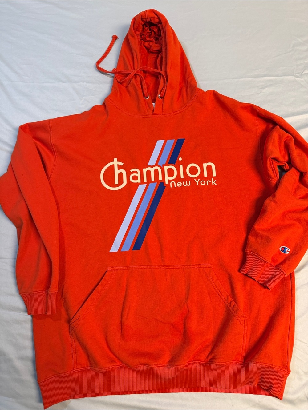 Champion Men's Bright Red Crewneck Hoodie with Striped Graphic